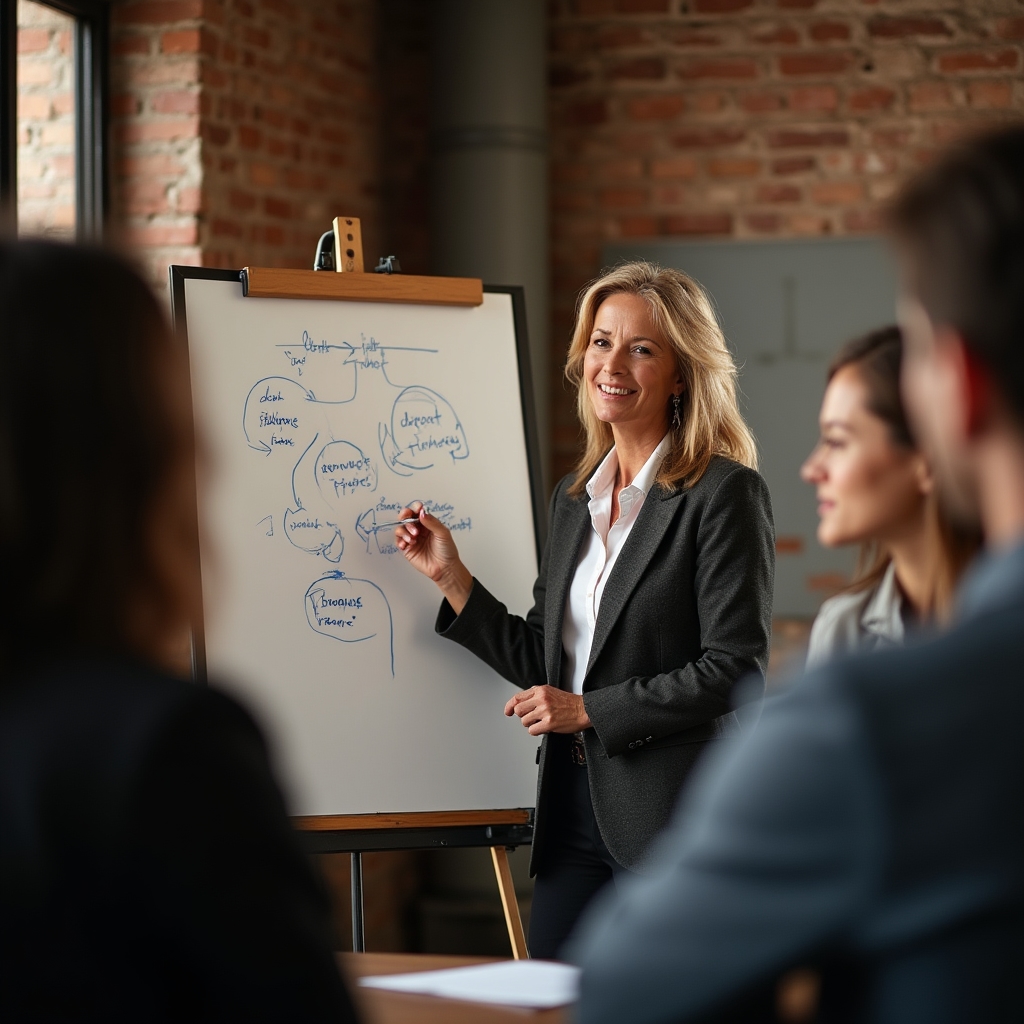 Lektorka kreslí na flipchart schéma vzorce chování během workshopu